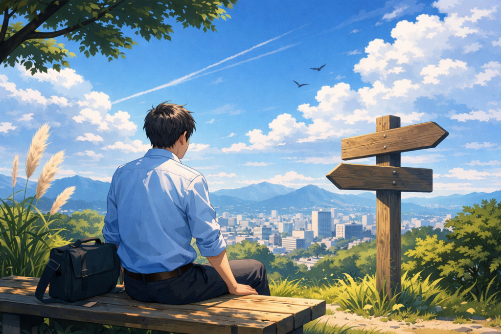 ベンチに座っている男性と青い空のイラスト