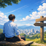 ベンチに座っている男性と青い空のイラスト