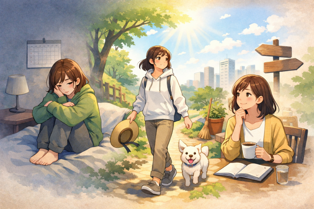 ベッドで座っている女性、散歩している女性、コーヒーを飲んでいる女性のイラスト