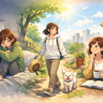 ベッドで座っている女性、散歩している女性、コーヒーを飲んでいる女性のイラスト