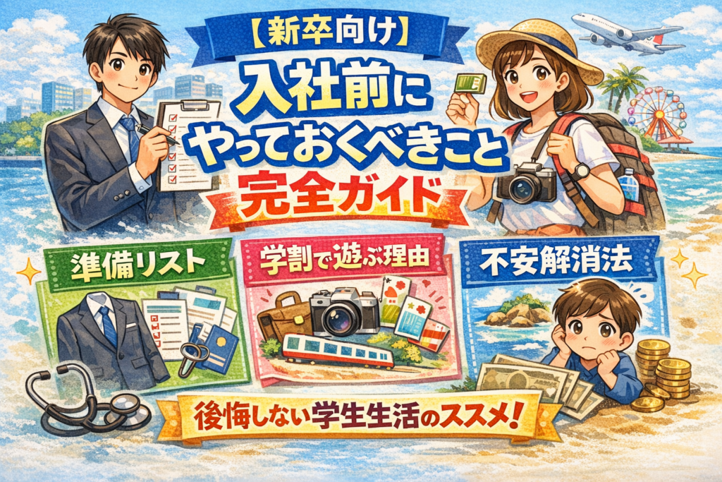 入社前にやっておくべきこと完全ガイドと書かれたイラスト