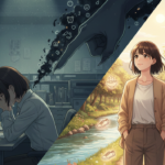 暗い顔で頭を抱えている女性と、明るく散歩している女性のイラスト