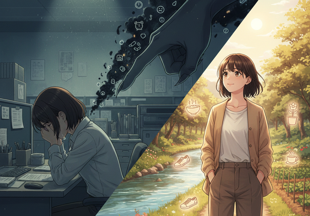 暗い顔で頭を抱えている女性と、明るく散歩している女性のイラスト