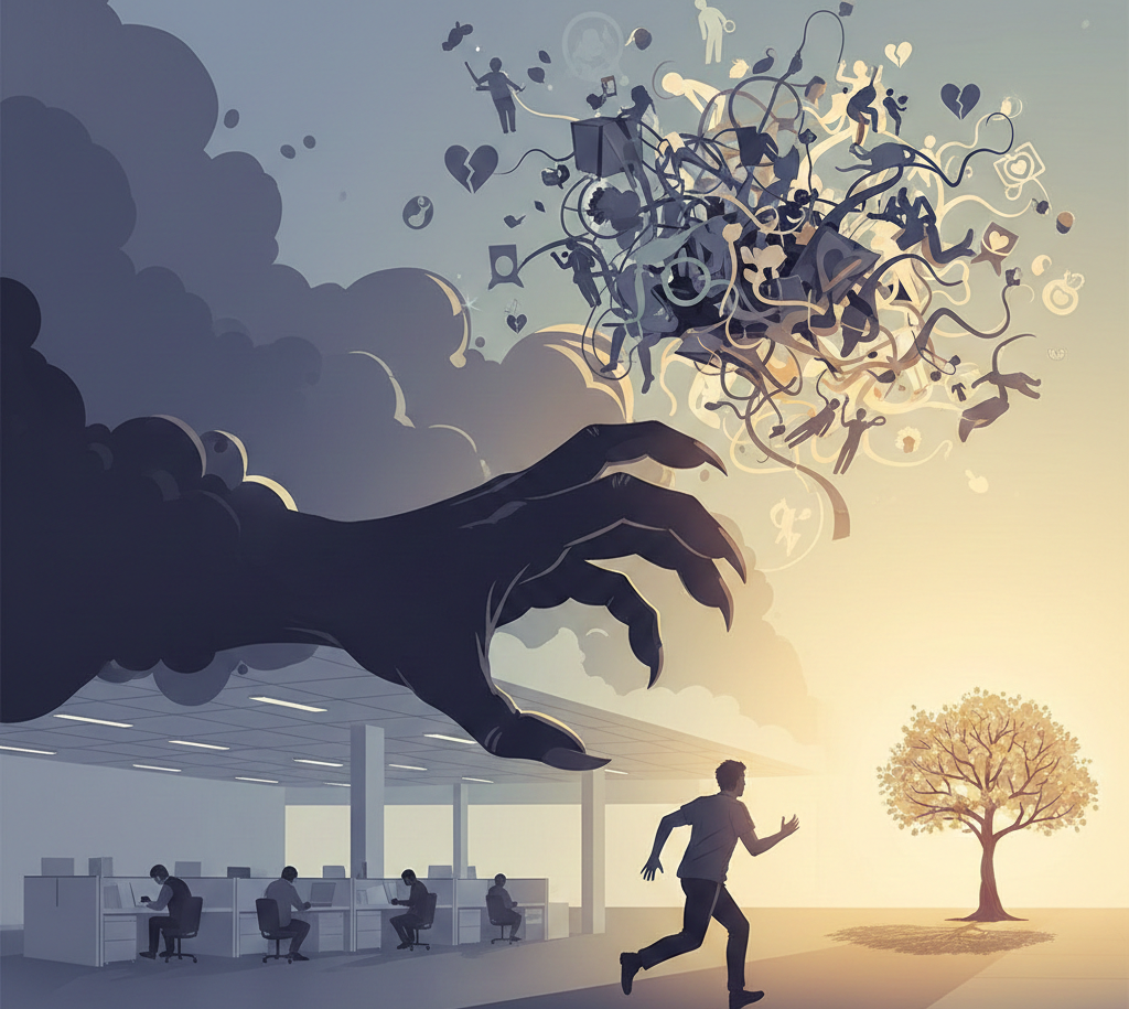 黒い大きな手が男性を追いかけているイラスト