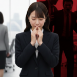 面接している背景と怒っている人たちの背景の前にいる女性の画像