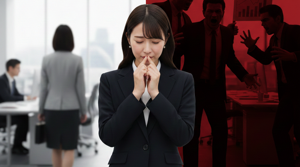 面接している背景と怒っている人たちの背景の前にいる女性の画像