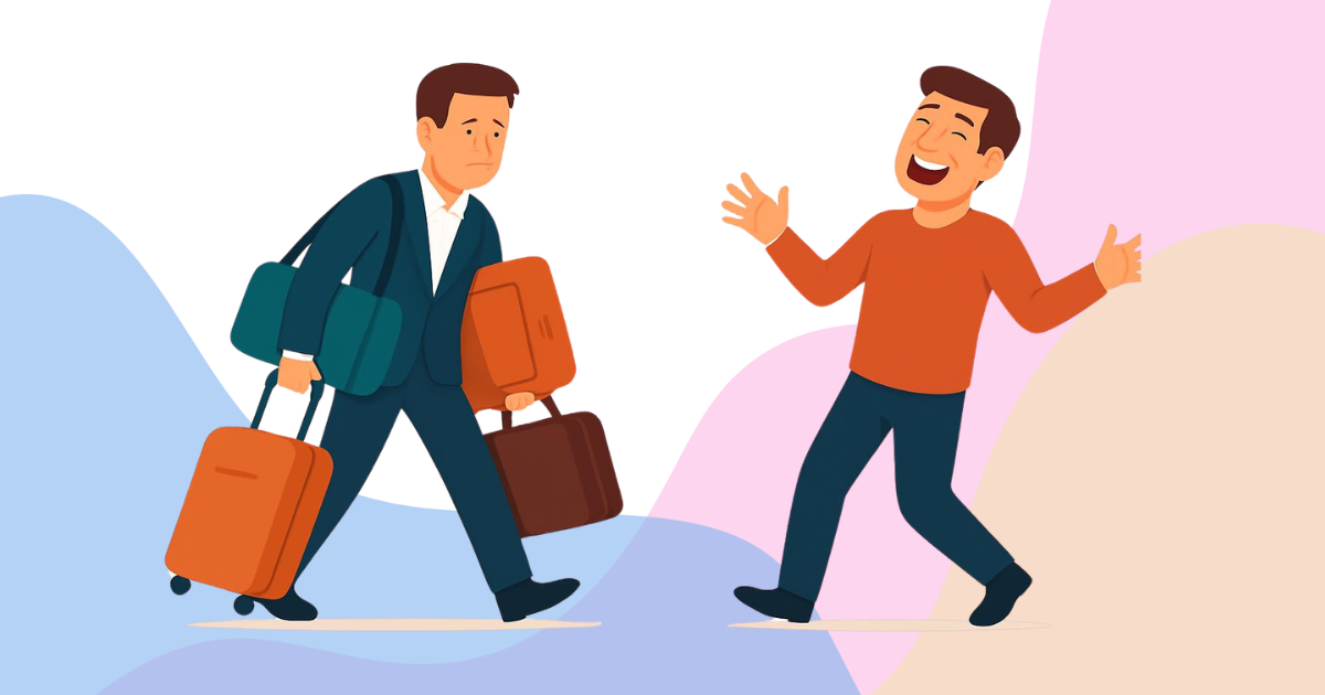 荷物を抱えすぎている真面目な人と、横で手ぶらで笑っている人